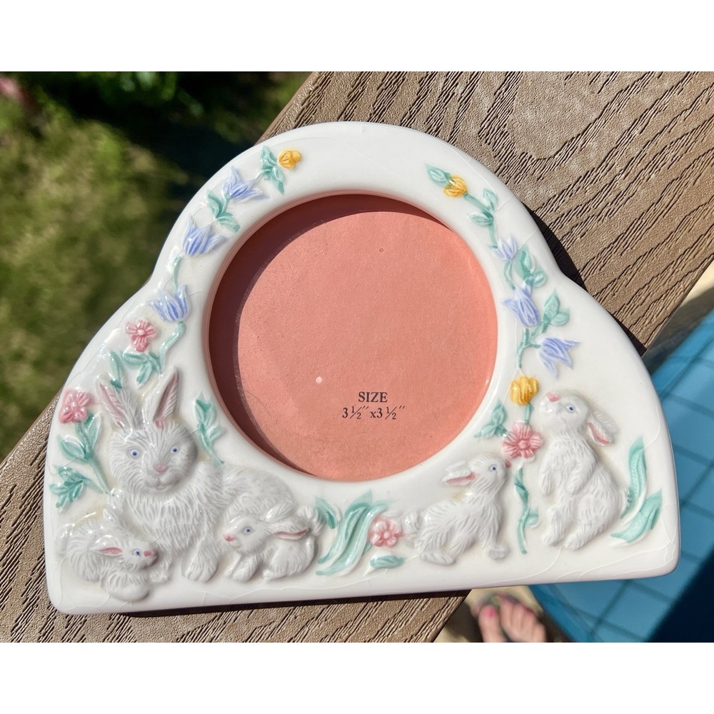Vintage 1980's Ceramic Easter Bunnies Picture Frame 3D Family Cottagecore Baby